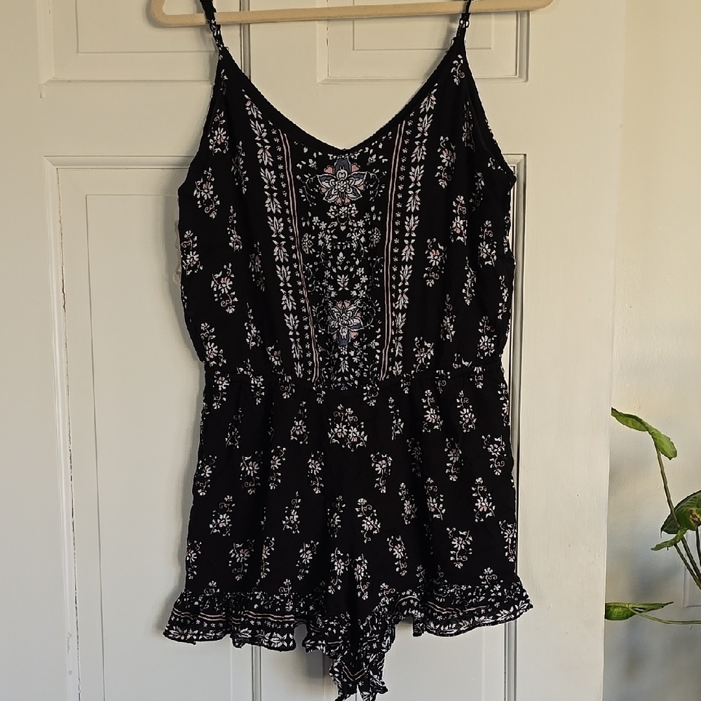 bailey blue Black Floral Romper with Pink & White Accents
